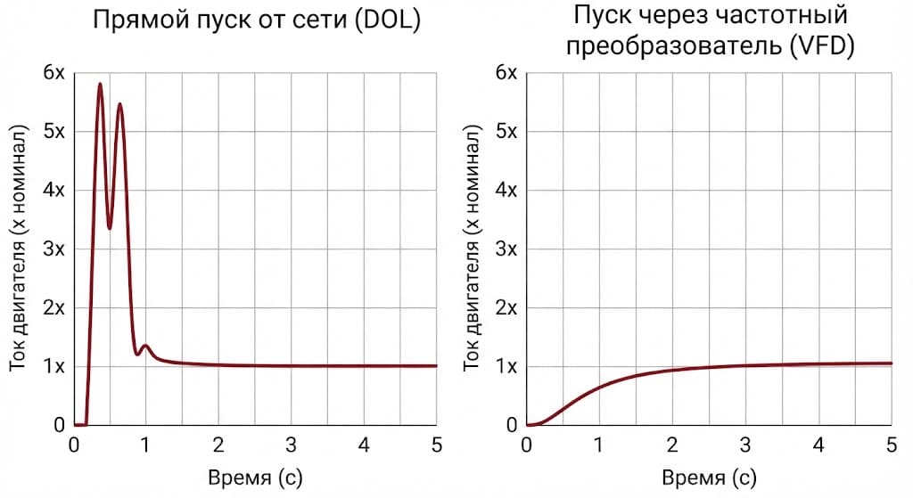 Сравнение пускового тока двигателя: прямой пуск от сети (DOL) и плавный пуск через частотный преобразователь Kinco (VFD)