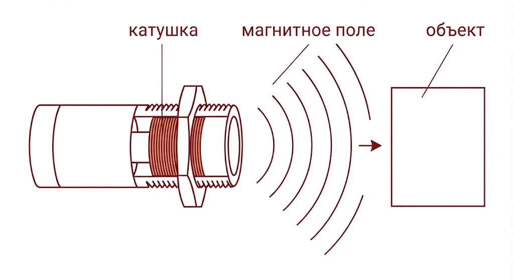 Как работает индуктивный датчик: катушка формирует магнитное поле, а оно откликается на приближение металла