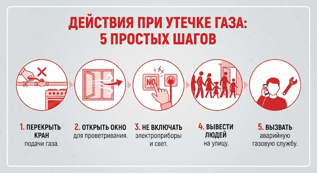 Пять шагов при срабатывании сигнализатора: перекрыть кран, открыть окно, не включать электроприборы, вывести людей, вызвать аварийную службу